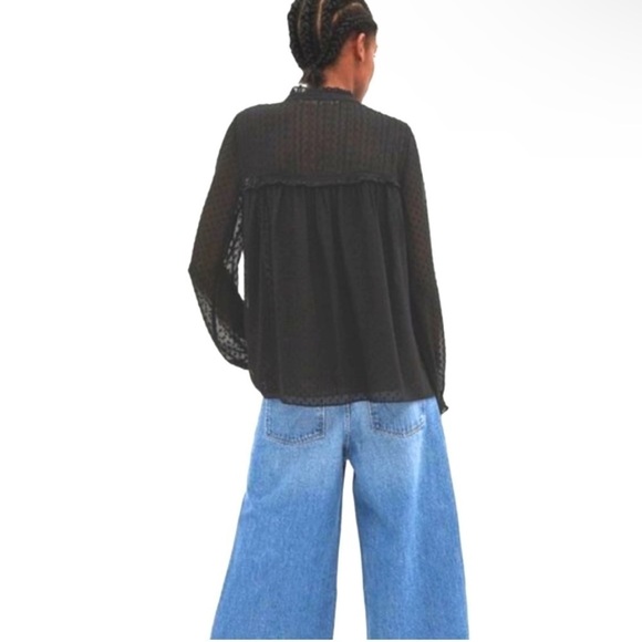 NWT ZARA Women’s Black Dot Button Relaxed Peasant Blouse Top Shirt XS X-Small - Picture 2 of 10